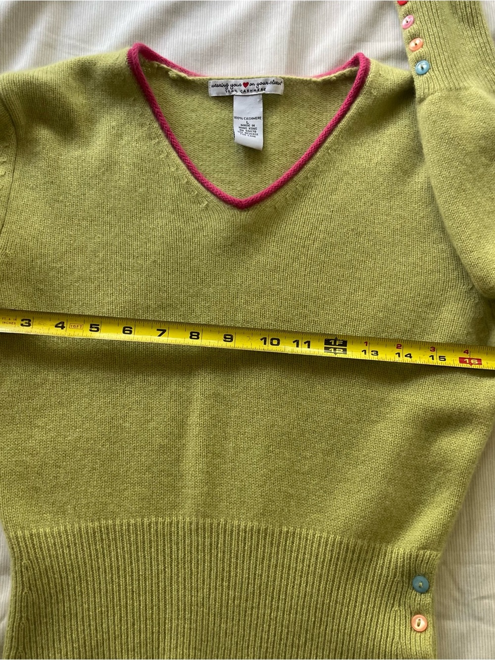 Vintage Lime Green V-Neck Sweater with Pink Trim & rainbow of buttons on sleeves - Picture 3 of 4